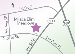Map showing the location of Milaca Elim Meadows near Highway 23, Highway 169, and local streets in Milaca, Minnesota