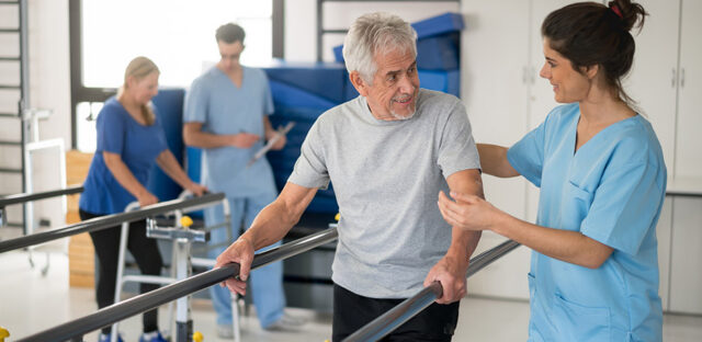 Older adult walking with support bars while a healthcare worker provides guidance beside them in a rehabilitation space, representing mobility and walking therapy like at Milaca Elim Meadows